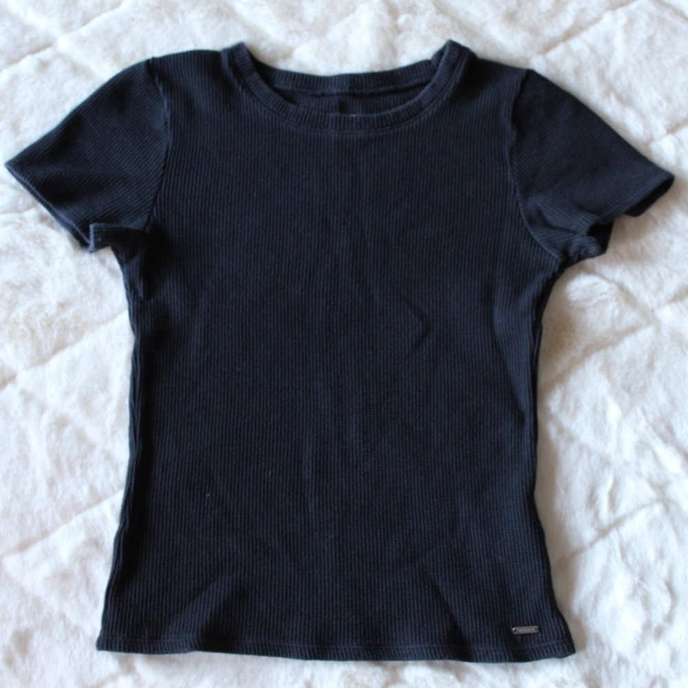 Black Waffle Knit Baby Tee- Hollister